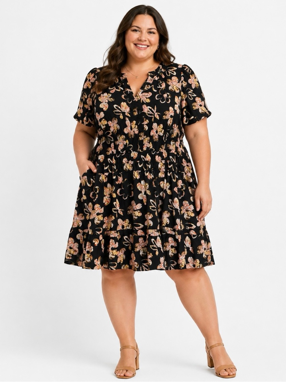 Anthropologie Black Floral Short-Sleeve Tiered Dress